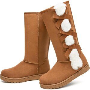 Women's Warm Mid Calf Boots Fuzzy Ladies Booties Classic Bow Tie Chestnut